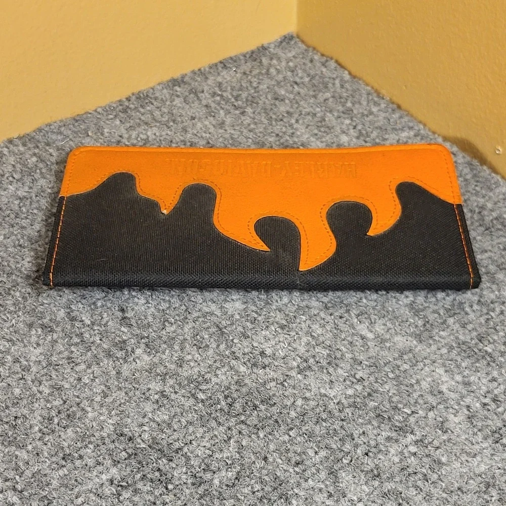 HARLEY-DAVIDSON Flame Orange Leather & Black Canvas Wallet Check Book Cover
